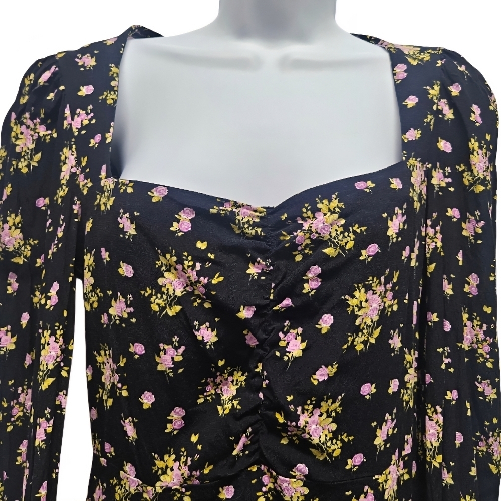 00107 Zara Floral Print Lavender Rose Mini Black Purple Long Sleeve Dress Medium - Picture 2 of 15